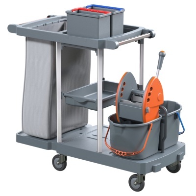 Carrinho de limpeza cinza com balde laranja e saco de tecido