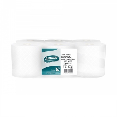 Pack de seis rolos de papel de toalha Amoos Professional branco com etiqueta azul e branca