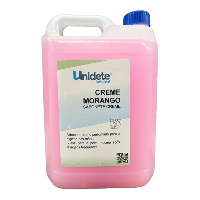 Frasco plástico rosa de creme morango Unidete com tampa azul