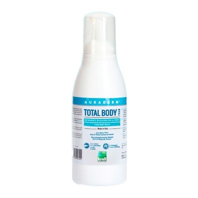 Frasco de espuma de limpeza corporal AuraDerm Total Body com rótulo azul e branco