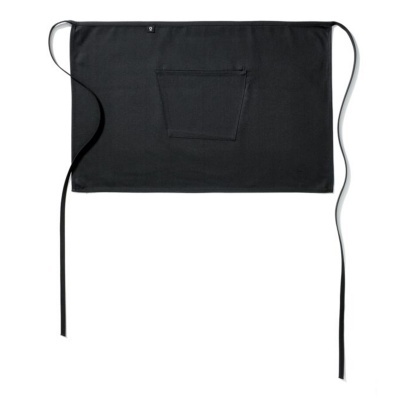 Avental preto com bolsos frontais e tiras finas para amarrar