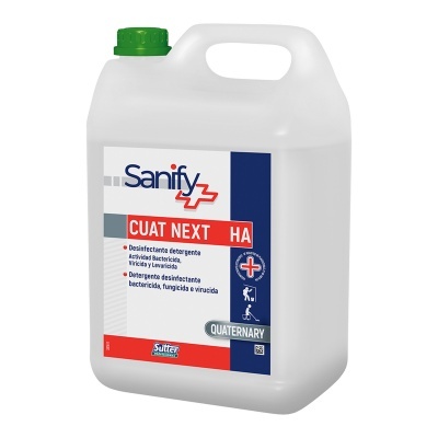 Recipiente plástico branco com rótulo Sanify CUAT NEXT HA