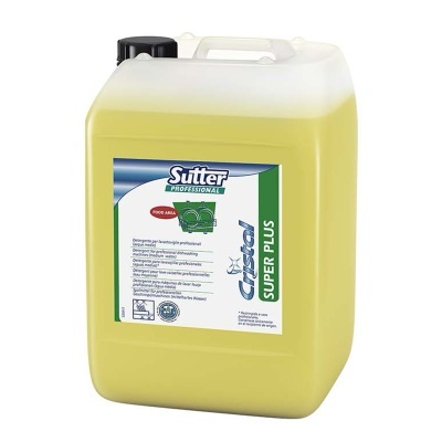 Frasco amarelo translúcido de produto de limpeza Sutter Super Plus com tampa preta