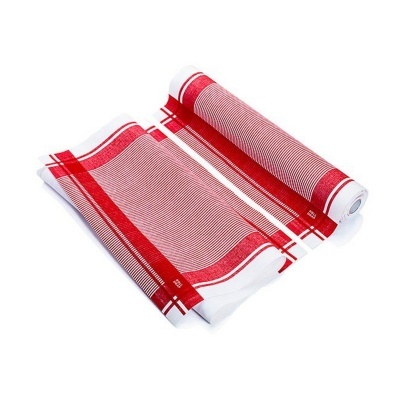 Pano de cozinha branco com riscas vermelhas e bordas vermelhas enrolado