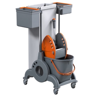 Carrinho de limpeza cinza e laranja com balde e prensa para esfregona