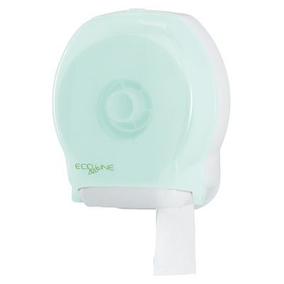 Dispenser de papel higiénico ECO LINE em plástico branco e verde claro com papel saindo.