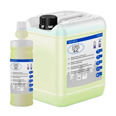 Produtos de limpeza LIPOS 5-C em dois tamanhos, garrafão branco e garrafa amarela