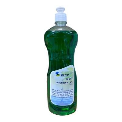 Frasco de detergente lava loiça verde com etiqueta azul e branca
