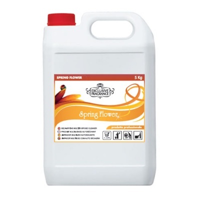 Recipiente plástico branco com tampa vermelha e etiqueta laranja com texto SPRING FLOWER