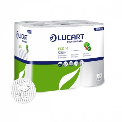 Pacote branco e verde de papel higiénico Lucart Professional ECO 14 com 14 rolos