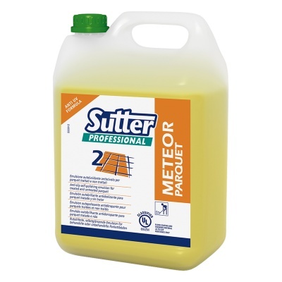 Bidão plástico translúcido com líquido amarelo e rótulo Sutter Professional Meteor Parquet