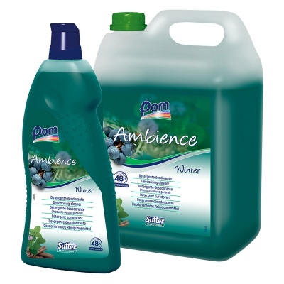 Produtos de detergente desodorizante Pom Ambience Winter em embalagens verdes com rótulos azuis e brancos