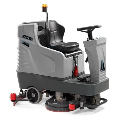 Máquina de limpeza industrial cinza com assento e rodas