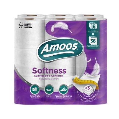 Pacote de papel higiénico Amoos Softness com seis rolos em embalagem roxa e branca