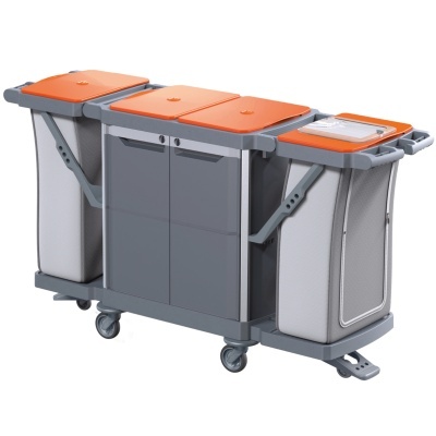 Carrinho de limpeza cinzento com tampas laranja e rodas