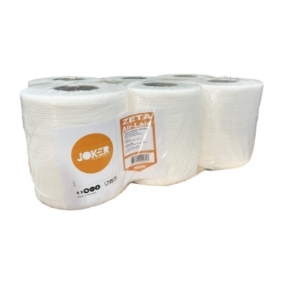 Pacote de seis rolos de papel de cozinha branco com rótulo JOKER e ZETA Air-laif.