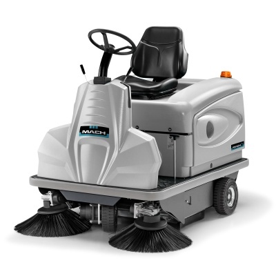 Varredora industrial cinza com assento preto e escovas redondas frontais