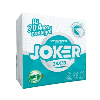 Embalagem de guardanapos Joker branco e azul com selo verde e texto promocional