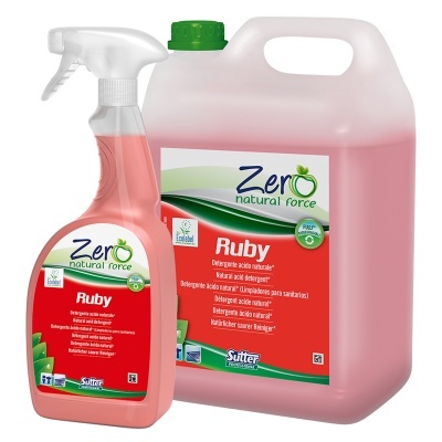 Dois recipientes rosa de detergente ácido natural 'Zero natural force Ruby' da Sutter com rótulos vermelhos e verdes.