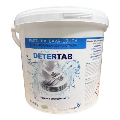 Balde branco de pastilhas de lava-louça DETERAB com rótulo azul e branco e imagem de louça e água