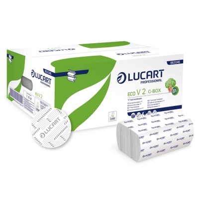 Caixa de papel higiénico LUCART PROFESSIONAL ECO V2 C-BOX com toalhetes brancos destacados