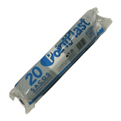 Pacote branco de sacos de plástico da marca Paint-Plast com texto azul