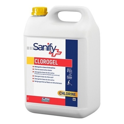 Recipiente plástico branco com detergente Sanify Clorogel e tampa amarela