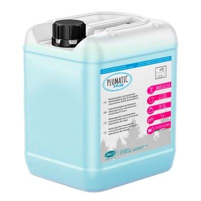 Recipiente de detergente azul de 10 litros com etiqueta Plumatic Plus e tampa preta