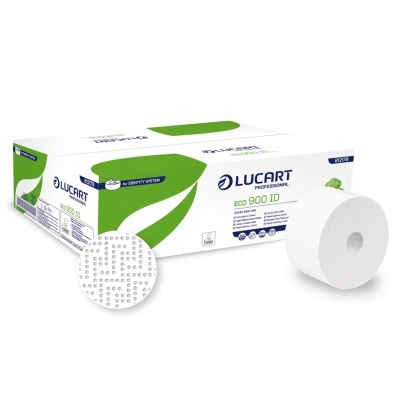 Rolo de papel higiénico branco ao lado da caixa Lucart Professional eco 900 ID