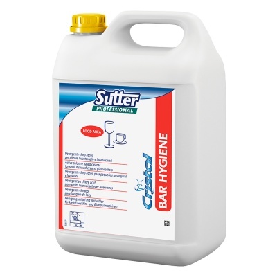 Recipiente branco de plástico com tampa amarela e etiqueta 'Sutter Professional Crystal BAR HYGIENE'