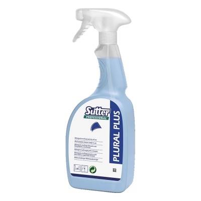 Frasco pulverizador de plástico azul e branco com líquido azul, produto de limpeza Sutter Professional PLURAL PLUS
