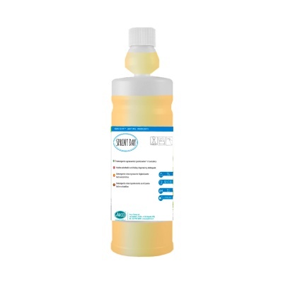 Frasco de plástico com líquido amarelo e rótulo branco e azul SPRINT DRY