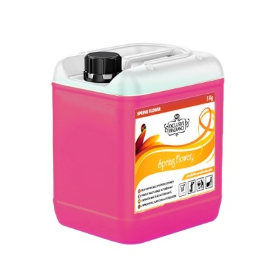 Recipiente plástico rosa translúcido com tampa negra e etiqueta Spring Flower