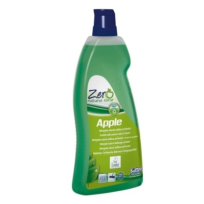 Frasco verde translúcido de detergente líquido Apple da Sutter com tampo azul, rótulo com texto em inglês e italiano.