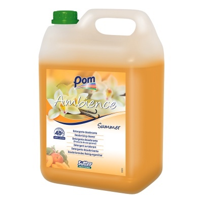 Recipiente plástico translúcido com líquido laranja e rótulo Pom Ambience Summer