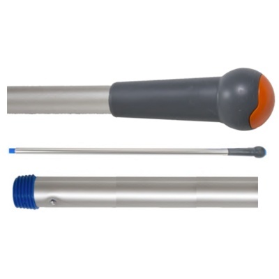 Vara telescópica metálica prateada com ponta de borracha preta e detalhe laranja