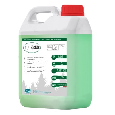 Embalagem plástica branca com líquido verde e tampa vermelha de produto de limpeza Puliforno