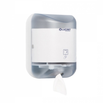 Doseador de papel de parede branco e transparente da marca Lucart com papel branco saindo