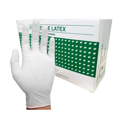 Luvas de latex brancas com caixa branca e verde com corações brancos