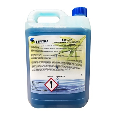 Garrafão azul 5L shampoo SEPITRA SEPICAR com rótulo amarelo e tampa azul