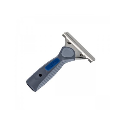 Raspador com pega cinzenta e azul e lâmina metálica