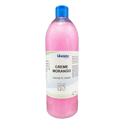 Frasco de sabonete creme morango Unidete cor de rosa com tampa azul