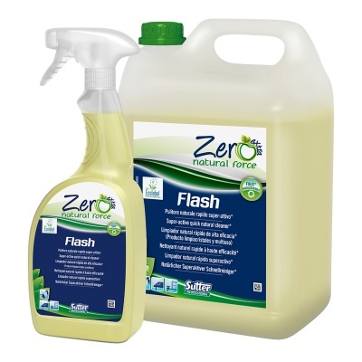 Produtos de limpeza Flash Sutten, frasco spray e garrafa com líquido amarelo claro e etiquetas azuis