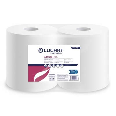 Dois rolos de papel branco LUCART AIRTECH 400 embalados