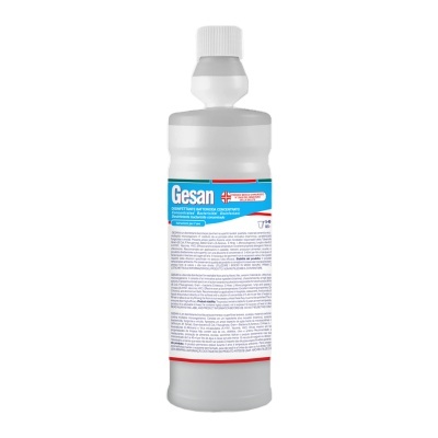 Frasco de limpeza Gesan com etiqueta azul e branca.