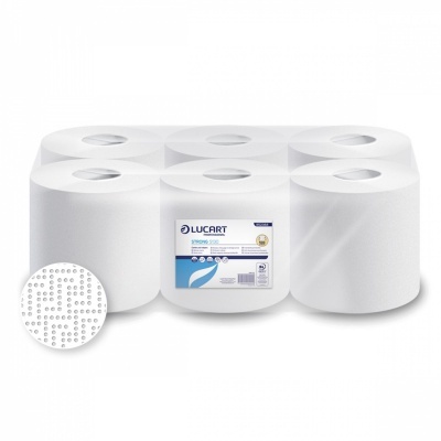 Seis rolos de papel de cozinha branco da marca LUCART, embalagem com etiqueta azul e branca.