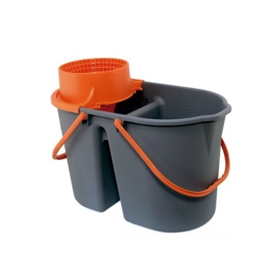 Balde de limpeza cinza com compartimento laranja e alça laranja