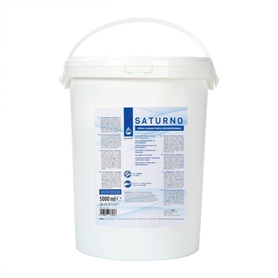 Balde plástico branco com etiqueta azul e branca Satuno gel de limpeza 5000 ml