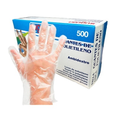 Luvas de polietileno transparentes com caixa azul e branca atrás com escrita em português.