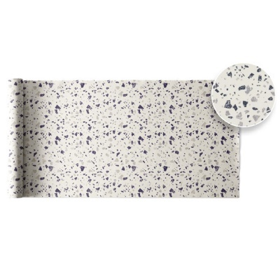 Rolo de papel de parede com padrão terrazzo cinza e preto sobre fundo branco